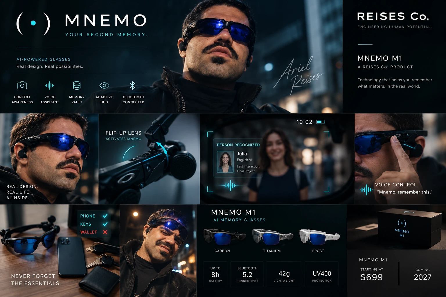 MNEMO M1 conceptual campaign featuring Ariel with black glasses and blue lenses