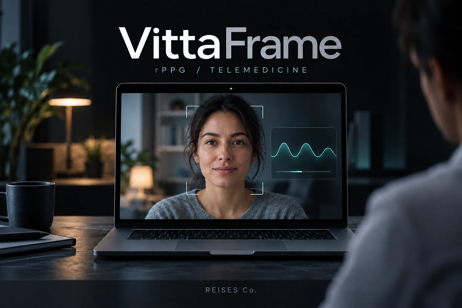 VittaFrame conceptual banner showing a remote consultation on a laptop and an illustrative camera-based signal analysis interface